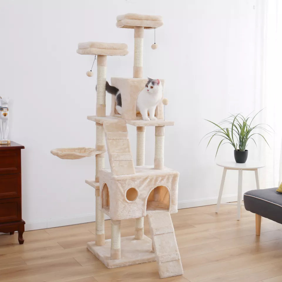 Free Shipping 180CM Multi-Level Cat Tree For Cats With Cozy Perches Stable Cat Climbing Frame Cat Scratch Board Toys Gray&Beige