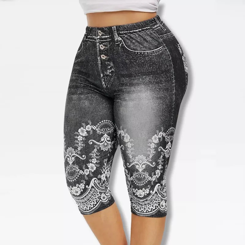 Printed False Denim Yoga Pant 3\4 Women Jeans Leggings High Waist Breeches  Pants Super Elastic Jeggings Plus Size 5XL