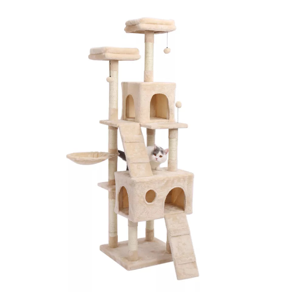 Free Shipping 180CM Multi-Level Cat Tree For Cats With Cozy Perches Stable Cat Climbing Frame Cat Scratch Board Toys Gray&Beige