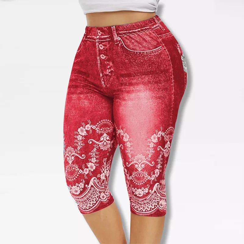 Printed False Denim Yoga Pant 3\4 Women Jeans Leggings High Waist Breeches  Pants Super Elastic Jeggings Plus Size 5XL