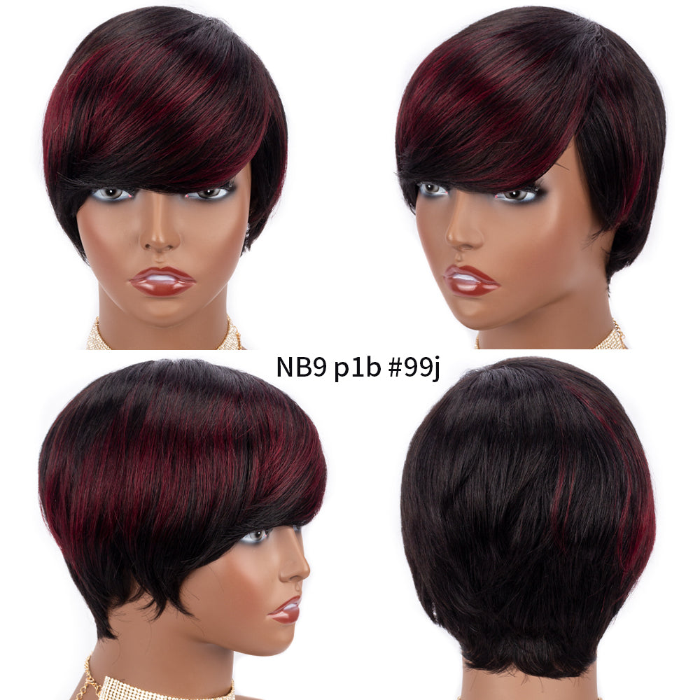 Short Pixie Cut Wig Cheap Human Hair Wigs Straight Bob Wigs With Bangs Full Machine Human Hair Wig for Black Women Black & Ombre