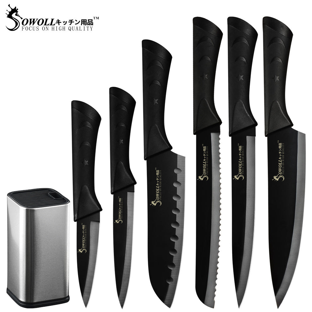 Sowoll 8'' Knife Holder Stainless Steel 8pcs Kitchen Cooking Knife Set Chef Slicing Bread Santoku Utility Paring Knife Sharpener