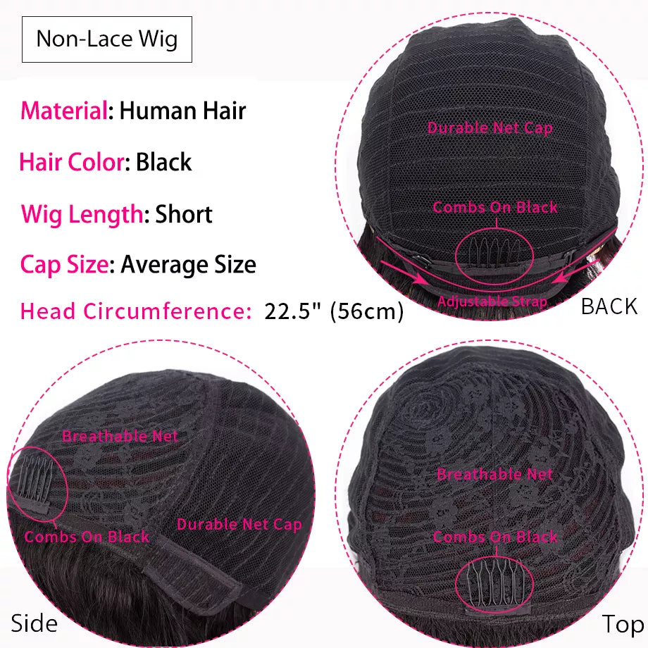 Short Pixie Cut Wig Cheap Human Hair Wigs Straight Bob Wigs With Bangs Full Machine Human Hair Wig for Black Women Black & Ombre