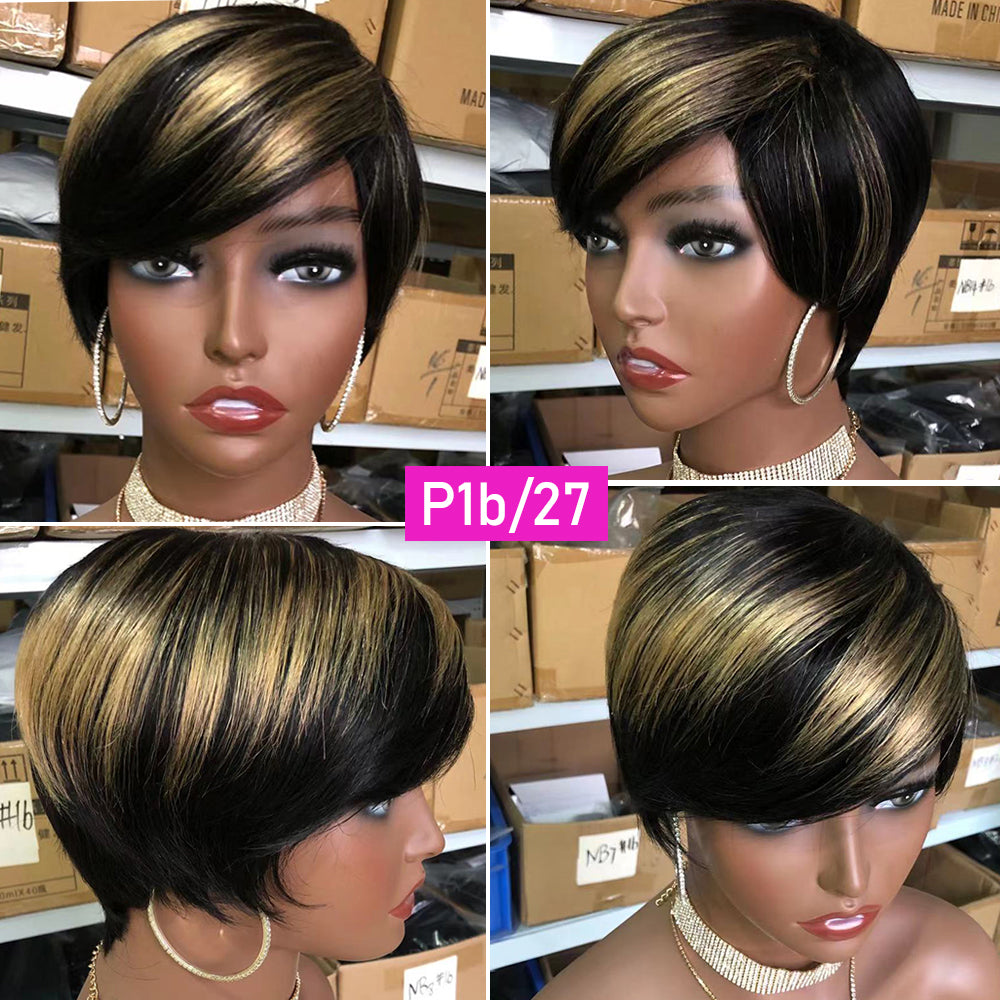 Short Pixie Cut Wig Cheap Human Hair Wigs Straight Bob Wigs With Bangs Full Machine Human Hair Wig for Black Women Black & Ombre